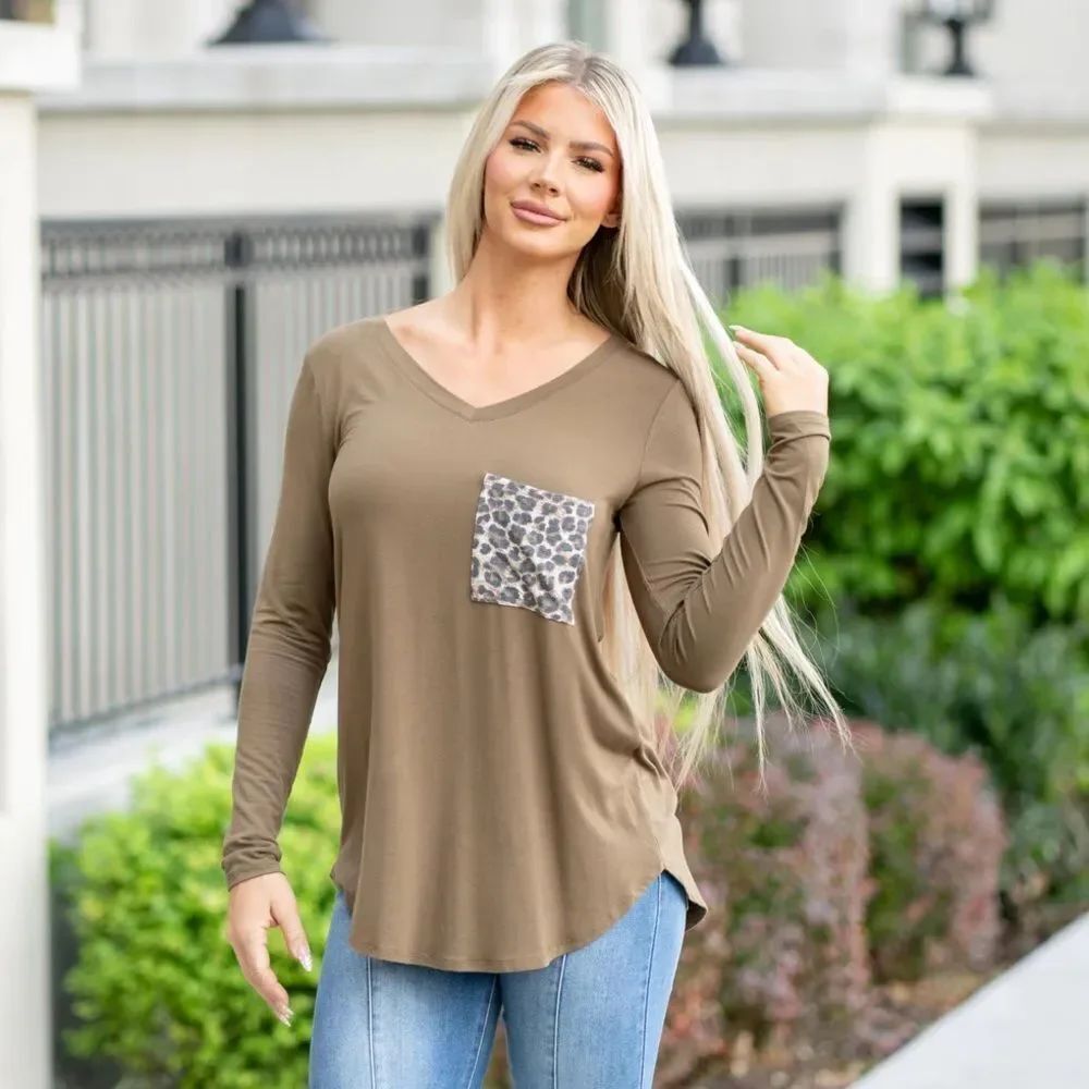 Zenana Outfitters Dusty Olive Long Sleeve with Leopard Pocket style apt-8208ab
